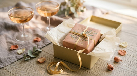 Ausgepacktes Verlobungsgeschenk mit Sektgläsern im Hintergrund
