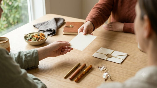 Team plant Abschiedsgeschenk am Besprechungstisch, Karte wird herumgereicht