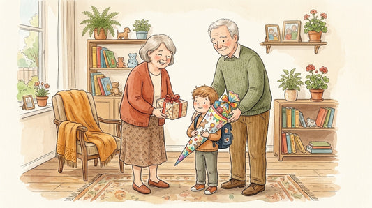 Aquarell-Illustration: Oma und Opa überreichen ihrem Enkelkind zur Einschulung ein Geschenk, das Kind hält eine Schultüte