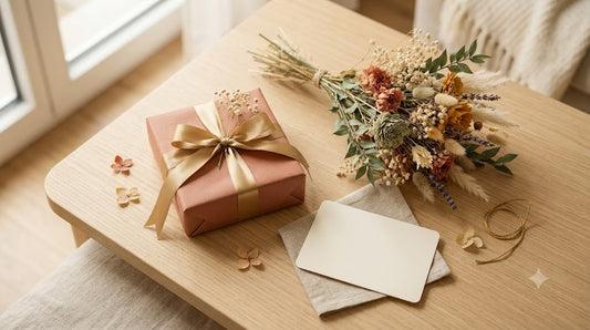 Geschenketisch zum Ruhestand mit Karte und Blumen
