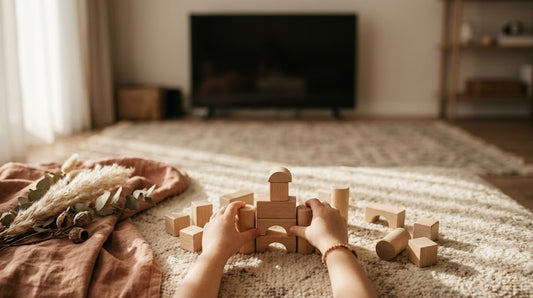 Kind spielt vertieft mit Bauklötzen, Fernseher im Hintergrund aus