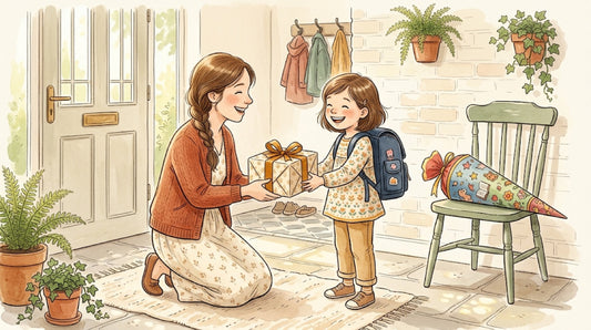 Aquarell-Illustration: Patin überreicht ihrem Patenkind zur Einschulung ein Geschenk, daneben lehnt eine Schultüte