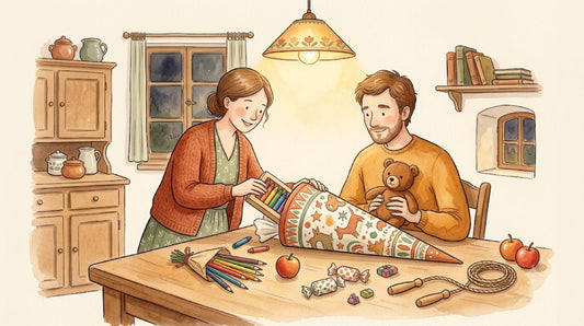 Aquarell-Illustration: Mama und Papa füllen gemeinsam eine Schultüte mit Stiften, Kuscheltier und kleinen Überraschungen