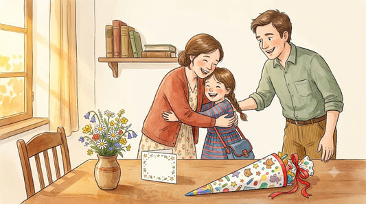 Aquarell-Illustration: Eltern gratulieren ihrem Kind zur Einschulung – auf dem Tisch Blumenstrauß, Glückwunschkarte und Schultüte