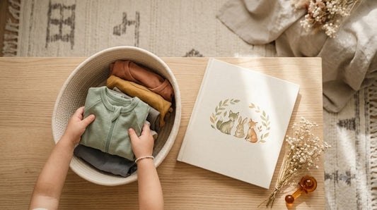 Großes Kind hilft beim Einräumen der Babykleidung