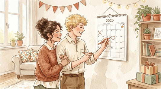 Verlobtes Paar streicht vorfreudig einen Tag auf dem Wandkalender an – Countdown zur Hochzeit