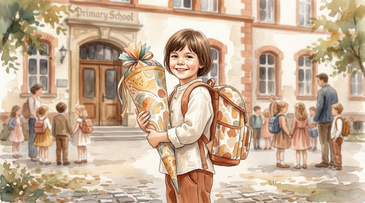 Stolzes Kind mit großer Schultüte und Schulranzen am ersten Schultag vor der Schule