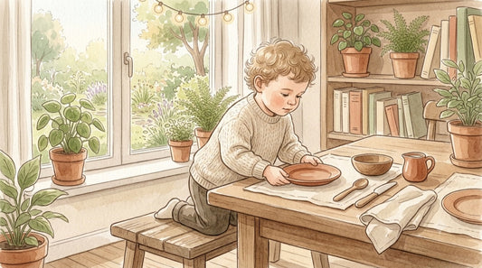 Kleinkind deckt selbstständig den Tisch – Montessori im Alltag