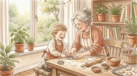 Großmutter und Enkelkind backen gemeinsam Kekse in der Küche