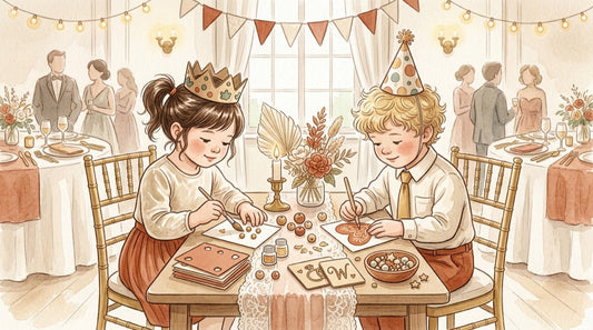 Kinder beschäftigen sich still am festlich gedeckten Hochzeitstisch