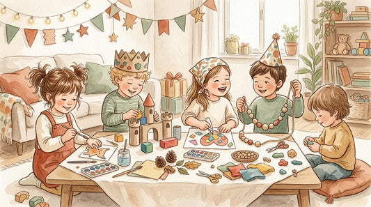 Kinder basteln und spielen fröhlich bei einem Kindergeburtstag zuhause