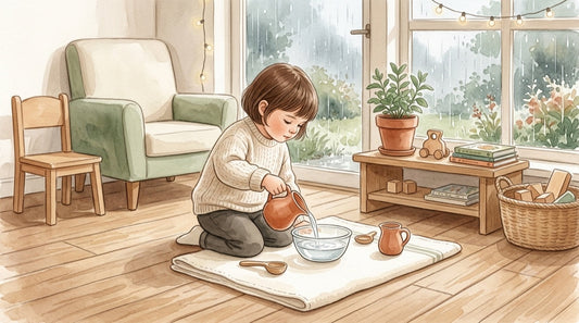Kind gießt an einem Regentag konzentriert Wasser aus einem Krug in eine Schüssel