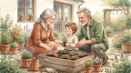 Großeltern und Enkelkind bepflanzen gemeinsam ein Hochbeet im Garten