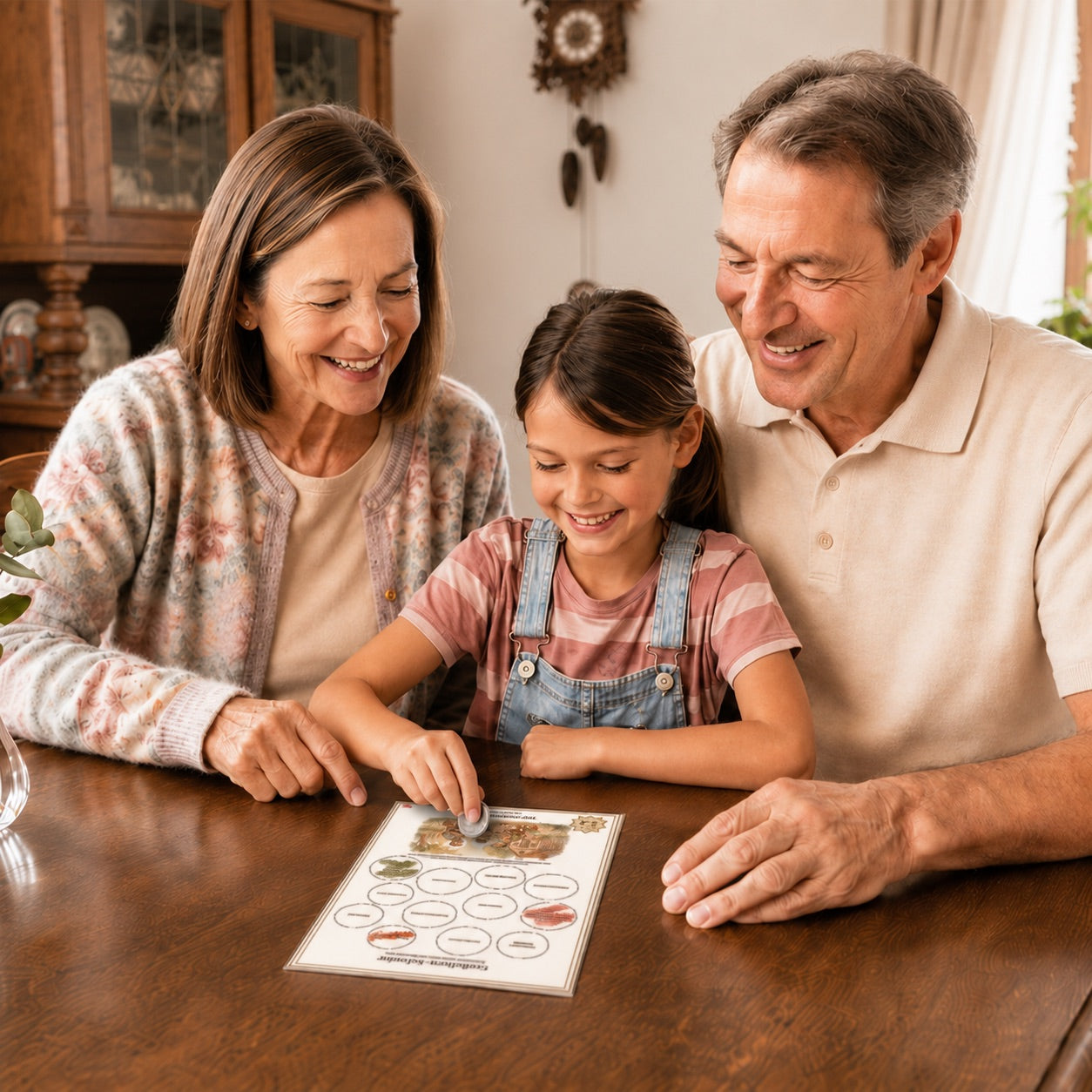Großeltern-Kalender mit Enkelkindern – emotionale Anwendungsszene [Lifestyle-Szene]