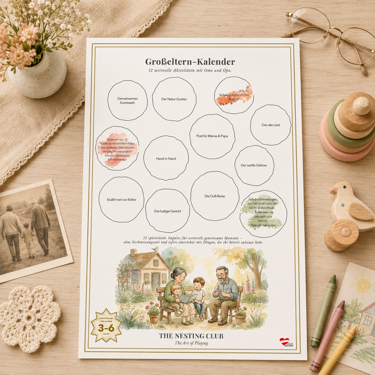 Das Allwetter-Set von The Nesting Club – Großeltern, Regentage & Montessori-Kalender – enthaltener Kalender