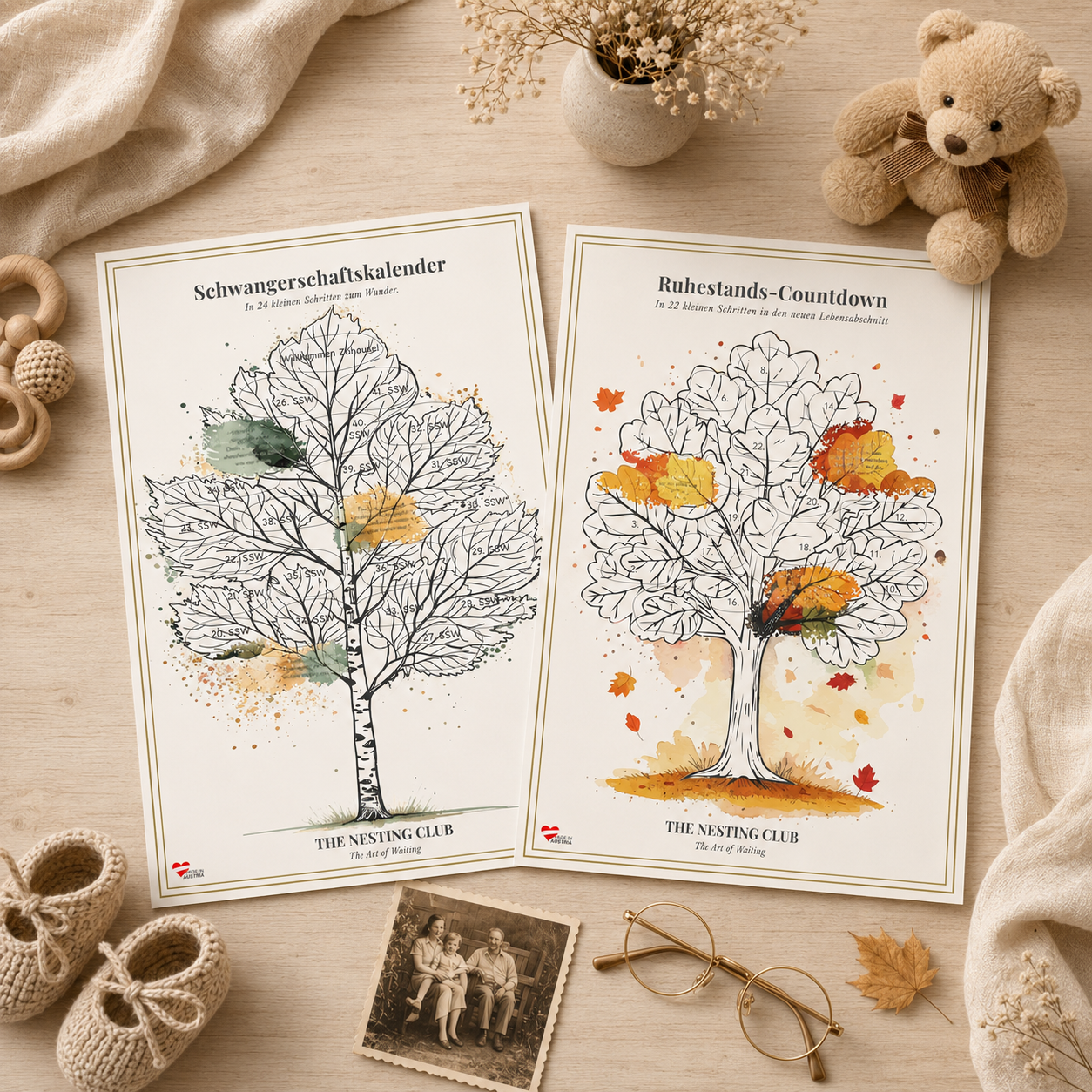 Das Meilenstein-Set von The Nesting Club – Schwangerschaftskalender & Ruhestands-Countdown