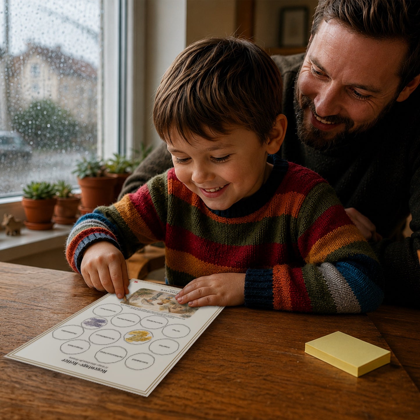 Regentage-Retter beim Beschäftigen der Kinder – emotionale Anwendungsszene [Lifestyle-Szene]
